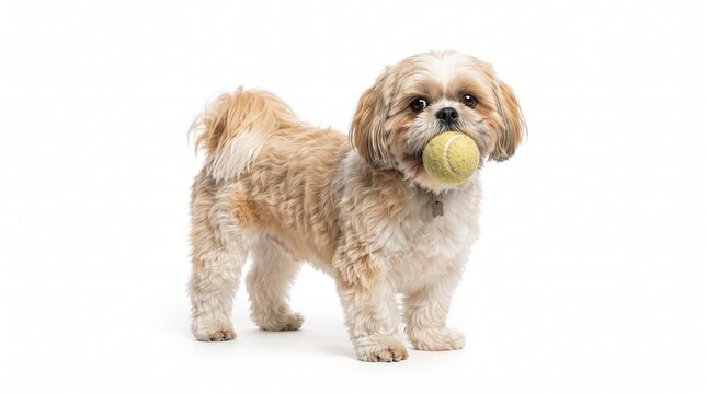 Adorable Shih Tzu dog holding a tennis ball in its mouth isolated on a clean white background for commercial use