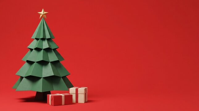 Minimalist Paper Christmas Tree and Gifts on Red Background