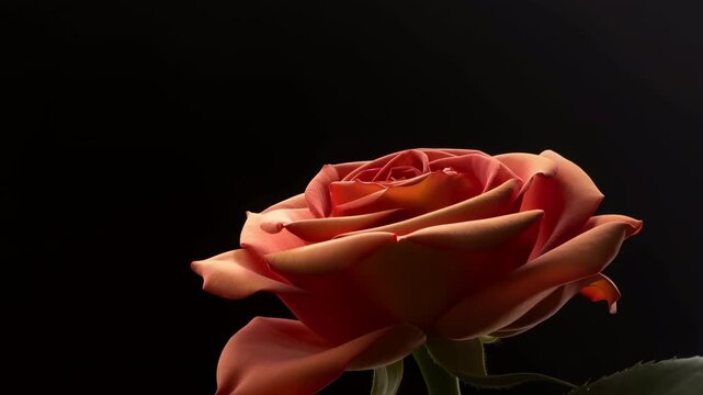 Orange-red rosebud gradually opens into full bloom against deep black background, revealing layered petals in warm side light with green sepals and stem visible in close-up
