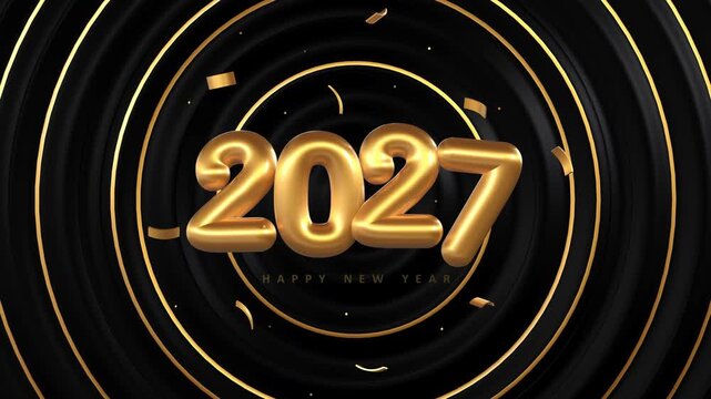 Golden 2027 numbers with happy new year text on luxury black and gold background with circles and confetti - 3D rendering animation