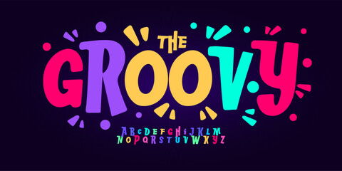 groovy bouncy font logo alphabet festive disco bold colorful playful typography for kids birthday, witty carnival poster, quirky funny headline, creative party title text. Vector typeset © artyway