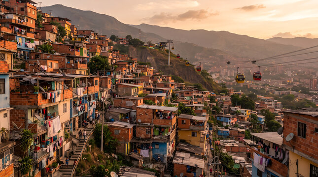 Medellin cityscape aerial view with metrocable at sunset
