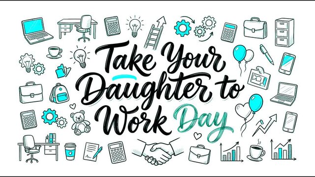 Take Your Daughter to Work Day Doodle Vector Illustration: Hand-Drawn Office Supplies, Business Career Icons, Balloons, Teddy Bear, and Workplace Mentorship Elements
