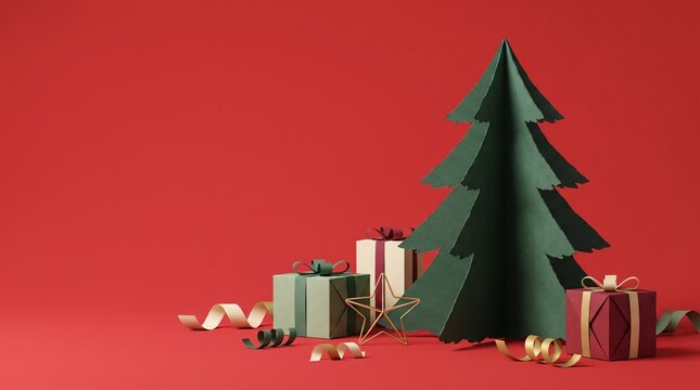 Minimalist Paper Christmas Tree and Gift Boxes on Red Background