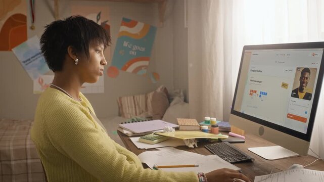 African American teenage girl attending online tutoring session via desktop computer at home. Ideal for e-learning platforms, remote education and digital tutoring marketing