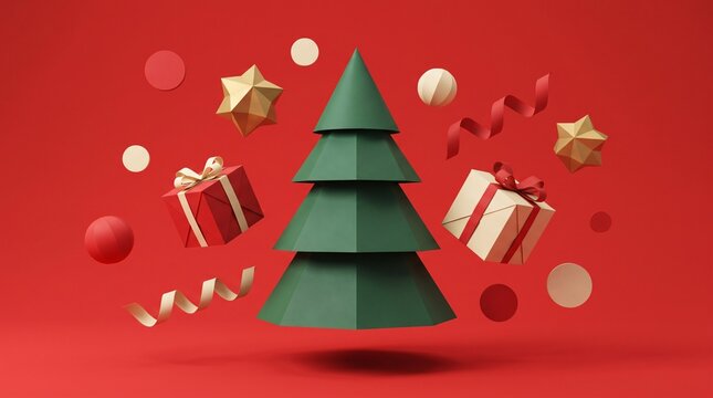 Floating Paper Christmas Tree with Gift Boxes and Holiday Ornaments on Red Background