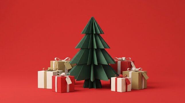 Decorative Paper Christmas Tree with Gift Boxes on Red Background