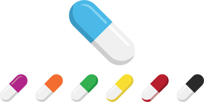 Medical pill capsule vector icon collection in various vibrant colors isolated on white background for healthcare design.