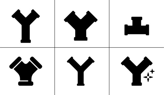 Pipe fittings icons set with Y-shaped connectors, T-junction and straight pipe for plumbing and industry