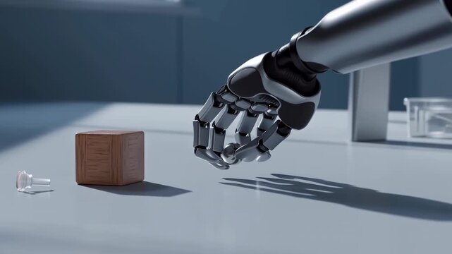 Robotic hand reaches toward reflective metal sphere and closes articulated fingers around it on clean tabletop beside wooden cube under cool directional light and long shadows
