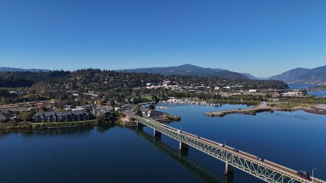 Hood River-White Salmon Interstate Bridge main span crossing the Columbia River between Oregon and Washington 4k aerial drone video