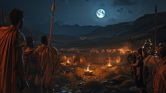Gideon and 300 Men Surrounding the Midianite Camp at Night, Biblical Battle Scene with Glowing Torches and Moonlit Valley