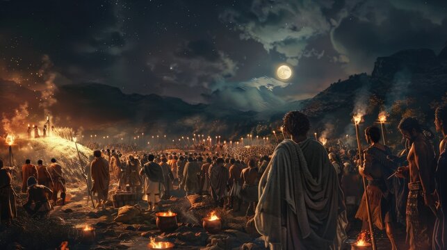 Gideon and 300 Men Surrounding the Midianite Camp at Night, Biblical Battle Scene with Glowing Torches and Moonlit Valley