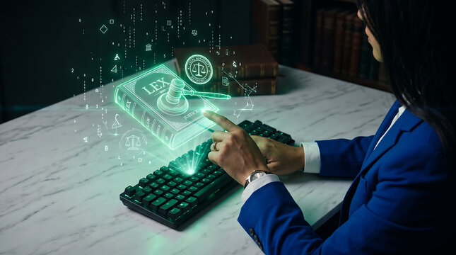 A person in a blue blazer touches a glowing emerald green holographic interface of a law book and gavel above a black computer keyboard on a marble desk