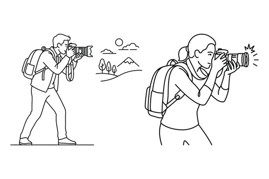 Male and female photographers taking pictures with digital cameras