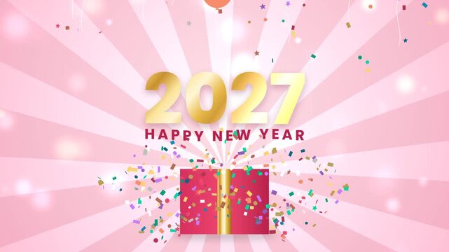 Gift box opening with balloons and confetti explosion. Pink present surprise reveals Happy New Year 2027, colorful fun birthday style party greeting animation 4K