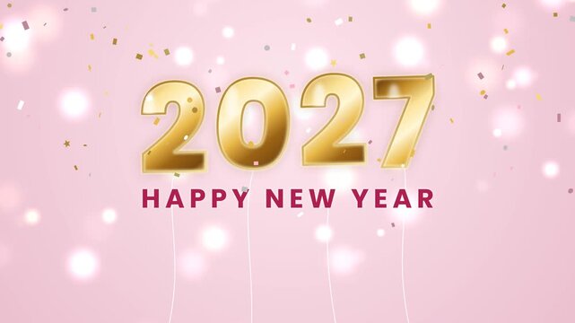 Gold foil balloon numbers 2027 floating on strings. Shiny party decoration with pink pastel bokeh and confetti, cute Happy New Year greeting and birthday party animation in 4K