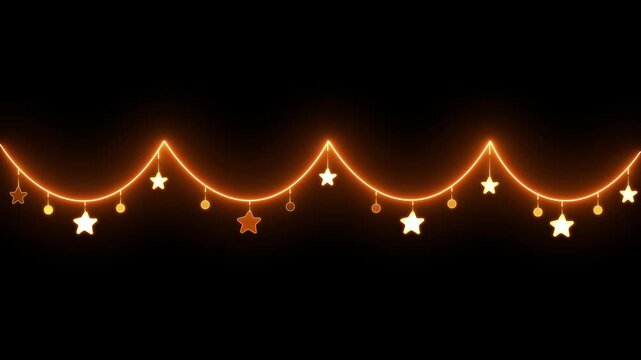 Glowing fairy lights in horizontal rows on transparent and black background. Warm neon Christmas garland overlay. neon or lazer light down star and circle light animated.
