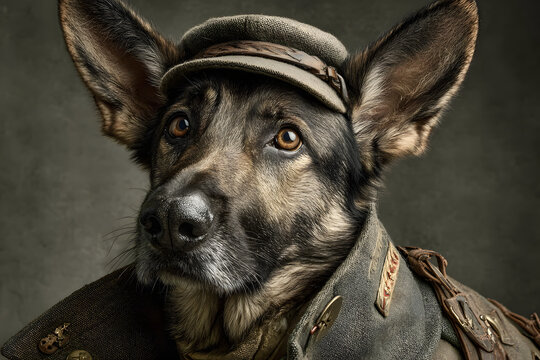 A charming German Shepherd dog portrait, dressed in a vintage military uniform and hat, exuding a dignified and comical expression, shot in studio on simple background