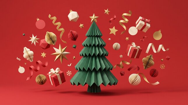 Minimalist Paper Geometric Christmas Tree with Festive Decorations on Red Background