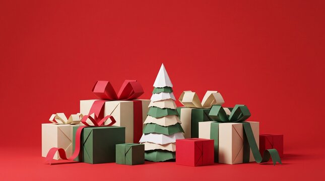 Christmas festive background with paper geometric gift boxes and paper craft tree on red