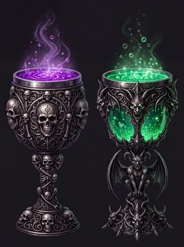 Gothic Fantasy Goblets with Glowing Magic Potions, Carved Skulls, and Gargoyle Details on Dark Background