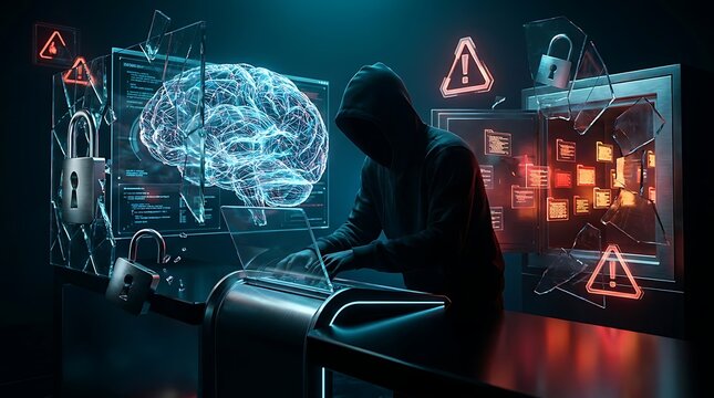 Cybersecurity hacker in hoodie working on computer with glowing brain hologram and data breach warning signs in dark server room