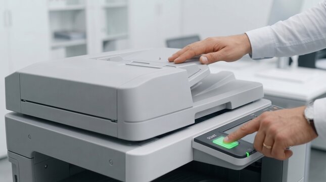 Person pressing green start button on modern office photocopier with document