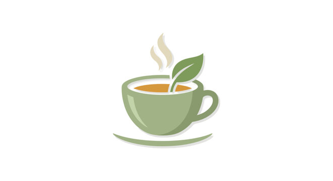 Green teacup with leaves and steam a vector illustration