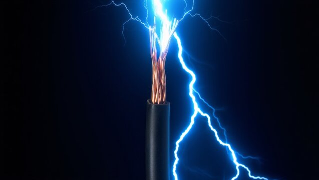 High voltage electric surge and blue lightning discharge on vertical cable