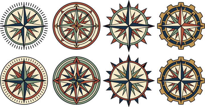 Vintage compass rose vector icon collection featuring rustic windrose stars for nautical navigation marine mapping ocean travel and corporate logo designs
