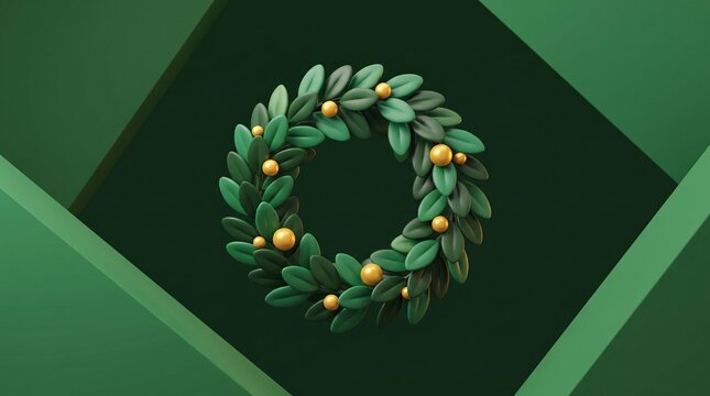Minimalist Christmas Wreath with Gold Berries on Green Background