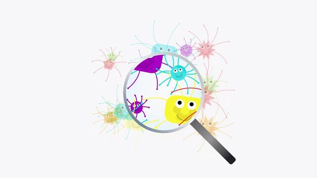 Cute cartoon virus animation style graphics under magnifying glass examination