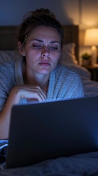 Woman leans toward laptop on bed, shifting her hand from temple to chin while watching screen with furrowed brow in dim bedroom lit by cool display glow and warm bedside lamp