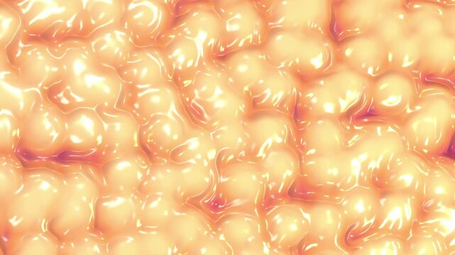 Glossy peach and warm amber organic cells cluster and deform with bright subsurface lighting in a microscopic 3D render