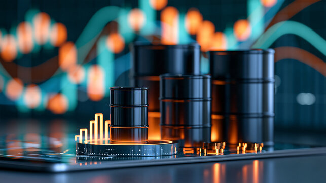 Generic petroleum industry investment concept with oil barrels and abstract financial market charts in background, energy sector, commodity trading, oil industry, business