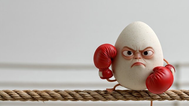 Close-up of egg in a boxing ring wearing tiny gloves, looking tough and ready to fight. Funny food photo for sports and humor articles.
