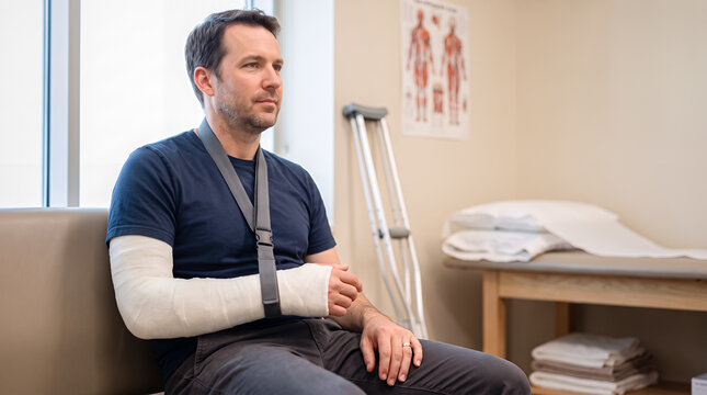 Man with broken arm in cast and sling at clinic, fracture treatment and orthopedic recovery