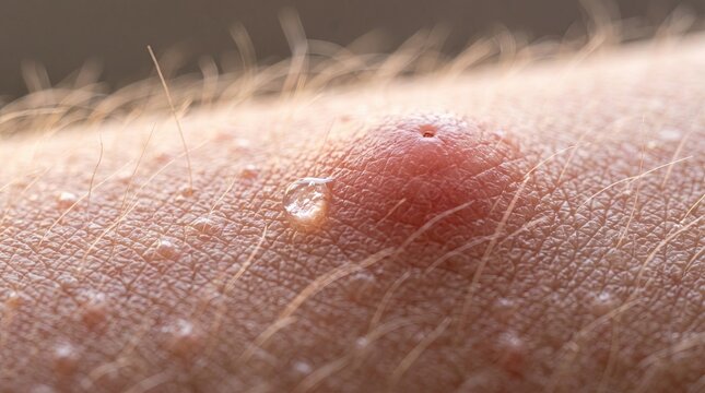 Detailed macro view of an inflamed red pimple or insect bite on human skin featuring goosebumps and fine hairs to illustrate dermatological issues and skin texture in extreme close up