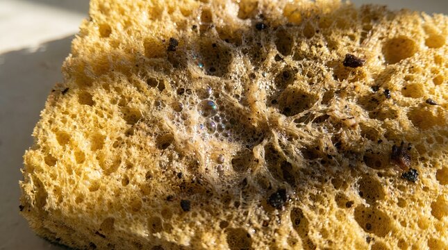 A macro close up view of a dirty yellow kitchen sponge covered in dark mold spots and white soap foam showing the porous texture of an unhygienic cleaning tool that needs replacement