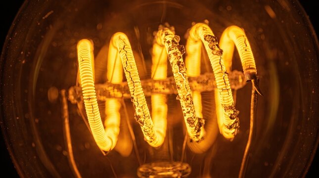 Extreme macro shot of a glowing spiral filament inside a vintage light bulb emitting a warm amber light against a dark background representing innovation and the spark of a creative idea