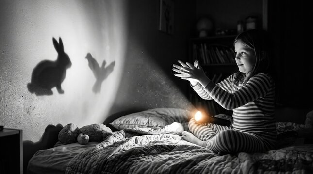 Little girl making animal shadow puppets with flashlight on bedroom wall at night in monochrome, showing joyful child playing in her own world during late evening hours.