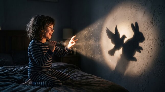 Excited boy making hand shadow puppets with flashlight on bedroom wall during late evening party, creating magical bird and rabbit shapes for children entertainment concepts.