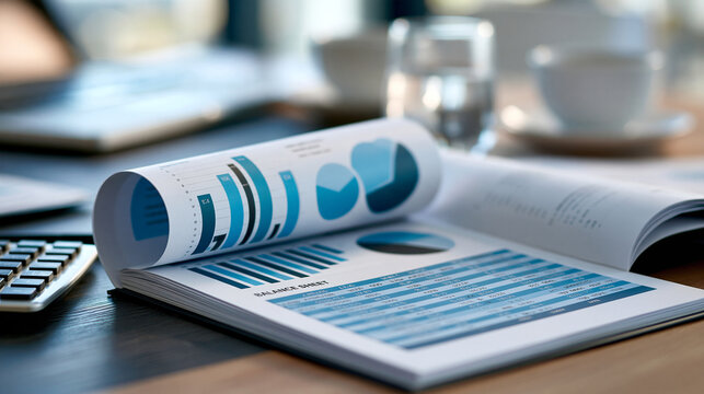 Open stockholder report showing balance sheet and financial accounting tables on office desk, corporate finance, annual report, accounting statement, shareholder reporting,