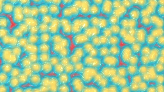 Yellow cellular globules undulate and bubble over crimson organic tissue crevices in a glossy vibrant seamless loop 3D animation