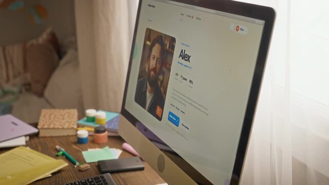 Female teenager selecting online tutor on computer, taking notes during distance learning session. Footage suitable for advertising EdTech platforms, remote schooling, and tutoring apps