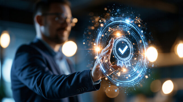 Businessman seen from behind touching a virtual standard quality control interface showing a certification badge in a bright office quality assurance standards compliance and excellence
