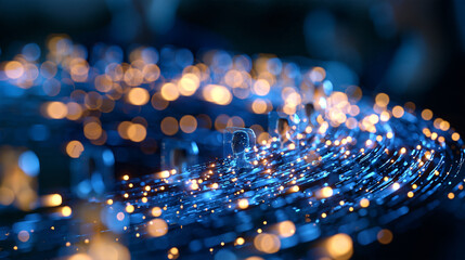 Fototapeta premium 3d render of high speed digital data streams converging into illuminated corporate user profiles on a dim blue background digital talent acquisition high speed digital data streams