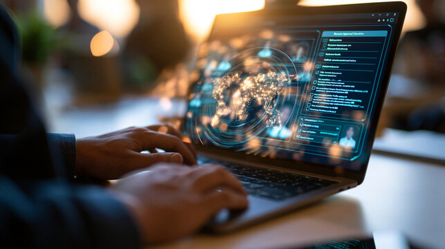 Laptop on a bright desk displaying an AI human resource recruitment platform with automated candidate profile screening and a resume approval checklist a hand on the trackpad efficient