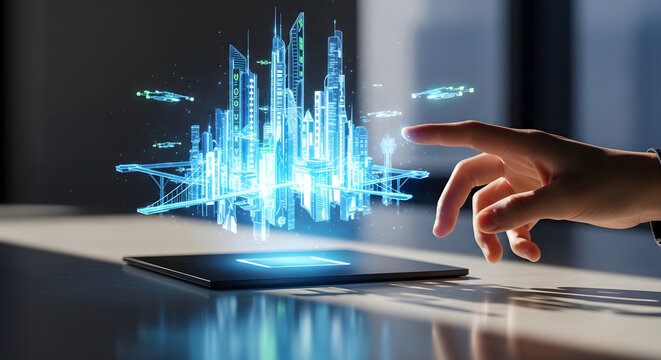 Hand interacting with holographic digital city model over smart tablet on workspace desk.